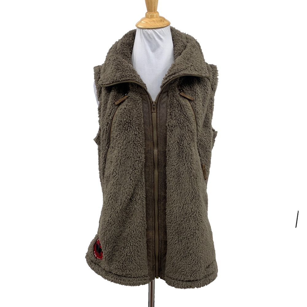 Kuhl Vest Womens L Large Avocado Flight Fleece Faux Leather Trim Full Zip Patch